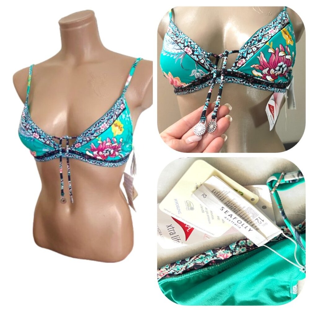 NWT Seafolly Australia Tassel floral recycled nylon bikini swim top 8